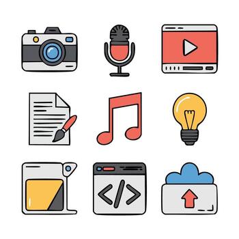 vibrante colección de dibujado a mano garabatear íconos representando digital contenido creación, medios de comunicación producción, tecnología, y creativo ideas, adecuado para moderno diseño proyectos vector
