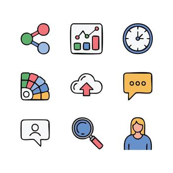 Vibrant collection of essential business and communication icons in a charming hand-drawn, line and flat style, perfect for web, app, and content creation designs vector