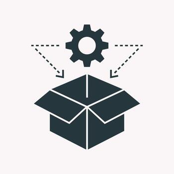 Dark grey icon of an open box with a gear and dashed arrows on white package shipping vector