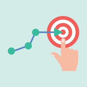 Finger pointing at target with a connecting line graph and arrow. vector
