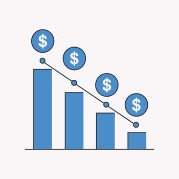 Blue bar graph showing financial decline with dollar signs on white background chart decrease vector