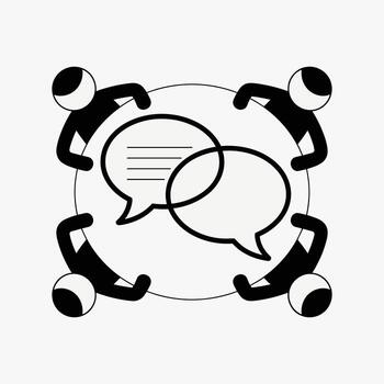 Four stick figures in a circle with speech bubbles for communication conversation discussion vector