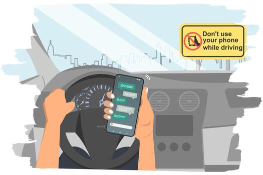 A man driving a car while using a mobile phone. Driving safety campaign. Do not use your phone while driving concept. vector