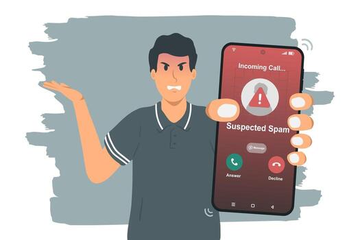 Man holding smartphone with incoming call from unknown caller on phone screen. Spammer incoming call concept. vector