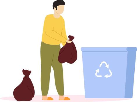 hombre poniendo basura bolso dentro reciclaje compartimiento para residuos clasificación vector