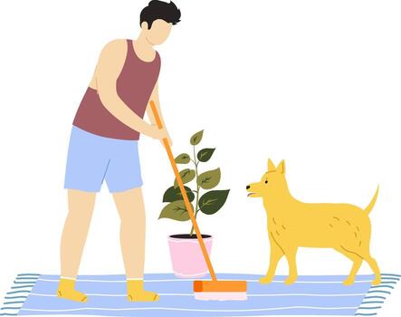 Man sweeping floor with dog watching vector