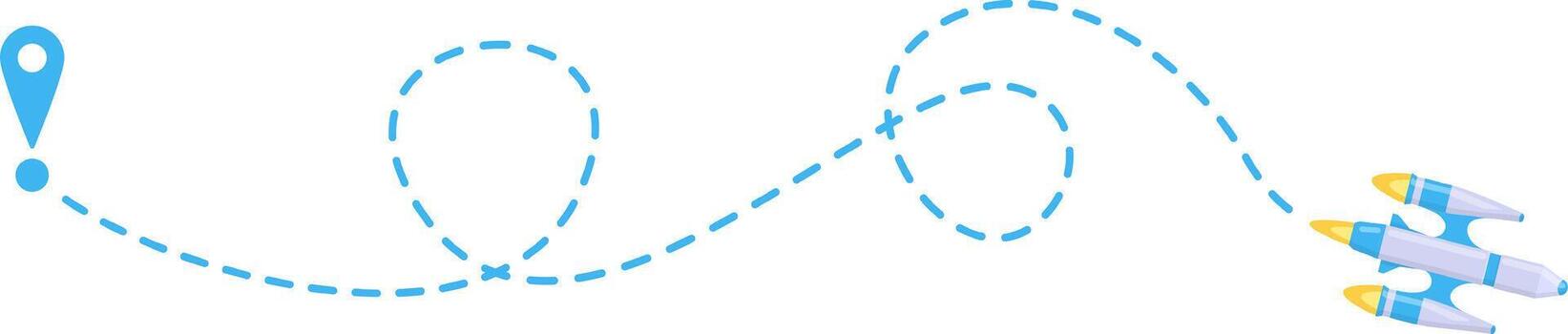 Spaceship flying with location pin and complex journey route vector