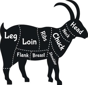 Goat meat cuts diagram displaying butchery chart vector