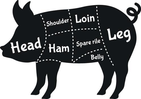 Pig meat cuts diagram in silhouette showing butchery chart vector