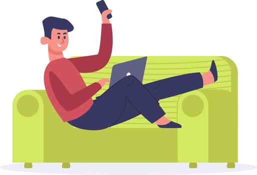 hombre multitarea en sofá utilizando ordenador portátil y teléfono vector