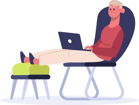 Man working remotely with laptop, relaxing from home vector