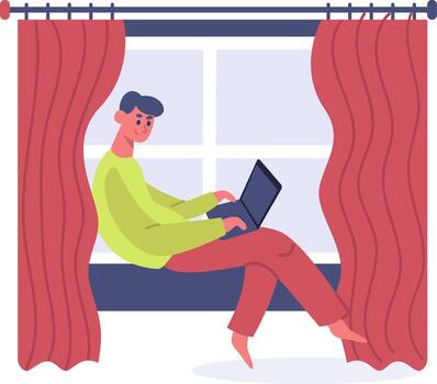 Man working remotely on laptop from home office window vector