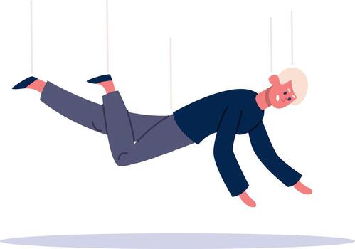 Puppet man feeling helpless with strings pulling him down vector