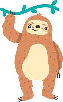 sonriente dibujos animados perezoso colgando en un árbol rama vector