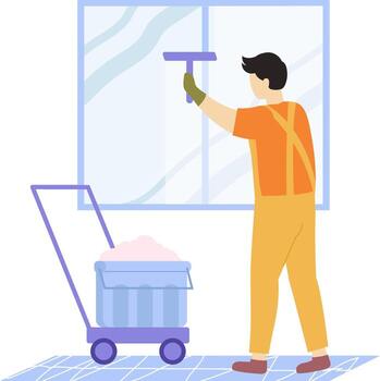 Professional window cleaner man using squeegee tool vector