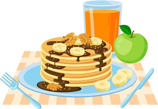 apilar de panqueques con chocolate, banana, nueces y jugo vector