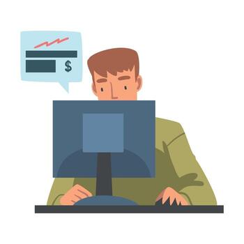 Man at Desktop Computer Analyzing Financial Profit Growth and Evaluating Revenue and Expense Illustration vector
