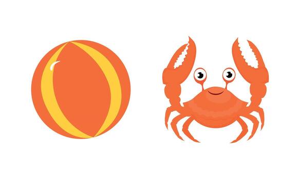 Inflatable Beach Ball and Red Crab with Claws Set vector