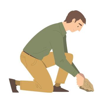 Man Archaeologist Sitting with Ancient Ecofact Working on Excavations in Search of Archaeological Remains Illustration vector