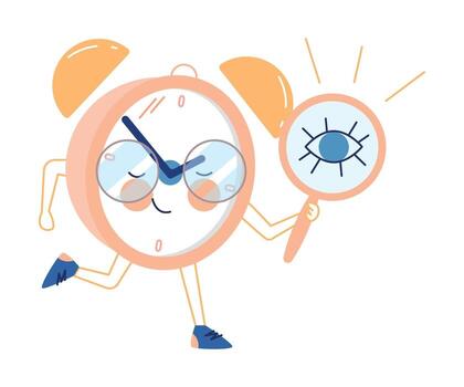 Funny Clock Character with Smiling Face Running with Magnifying Glass Illustration vector
