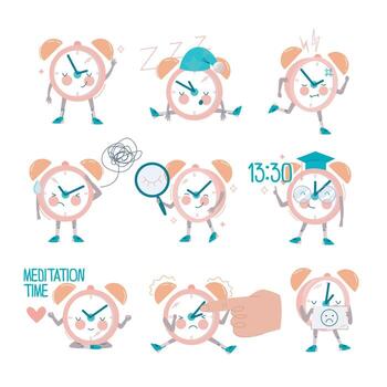 Funny Clock Character with Smiling Face Sleeping and Thinking Set vector