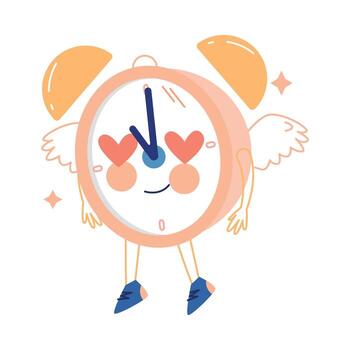 Funny Clock Character with Smiling Face Fluttering in Heaven with Wings and Heart in Eyes Illustration vector