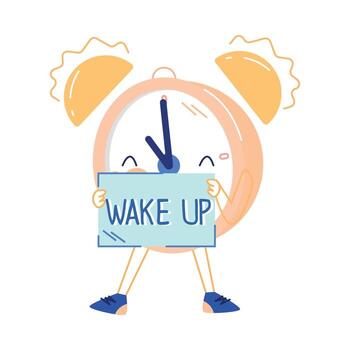 Funny Clock Character with Smiling Face Ringing Showing Wake Up Placard Illustration vector