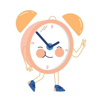 Funny Clock Character with Smiling Face Walking and Showing V Sign Hand Gesture Illustration vector