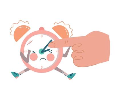 Funny Ringing Clock Character and Hand Setting Hand Illustration vector