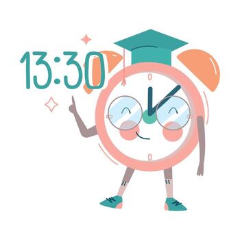 Funny Clock Character with Smiling Face in Graduation Hat Pointing at Time Illustration vector
