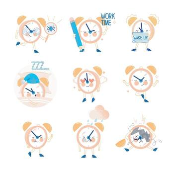 Funny Clock Character with Smiling Face Sleeping and Crying Set vector