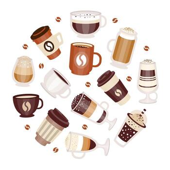 Coffee Types Poured in Mug and Cup Arranged in Circle Template vector