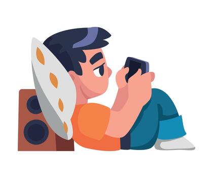 Boy Addicted to Gadget Lying on Pillow and Playing Game with Console Illustration vector