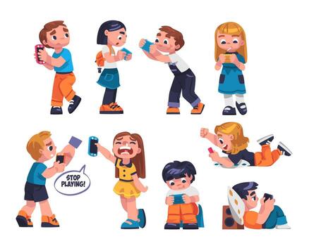 Children Addicted to Gadget Using Console Playing Game Set vector