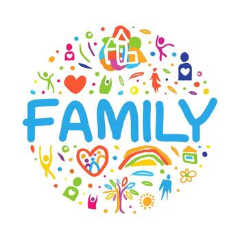 brillante familia circulo composición con resumen padre y niño con corazón y hogar elemento mano dibujado modelo vector