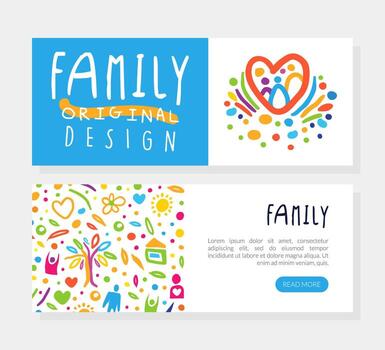 Bright Family Landing Page or Web Banner with Abstract Parent and Kid with Heart and Home Element Hand Drawn Template vector