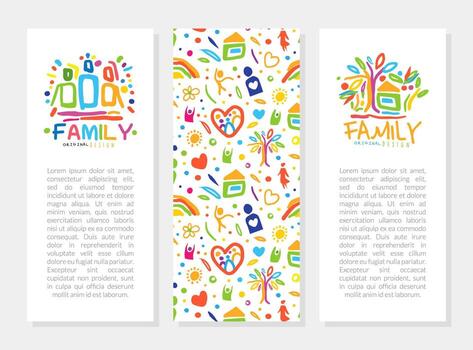 Bright Family Vertical Card or Banner with Abstract Parent and Kid with Heart and Home Element Hand Drawn Template vector