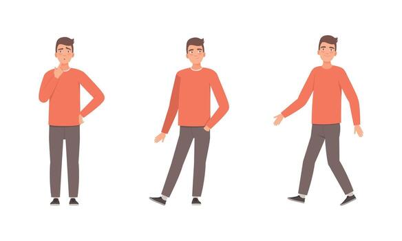 Young Man Expressing Different Emotion Thinking with Finger on Chin and with Curious Sight Set vector