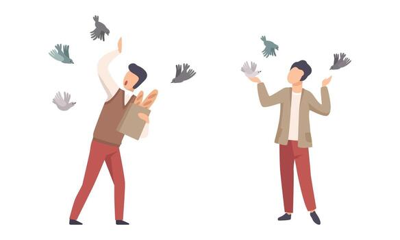 Man Character with Gathered Birds Walking in the Park Set vector