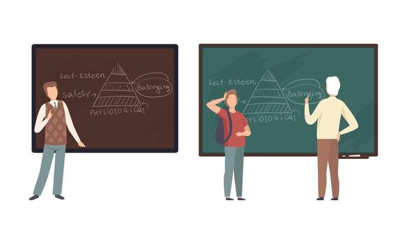 Man Teacher or University Professor Standing in Front of Chalkboard Explaining Lesson to Student Set vector