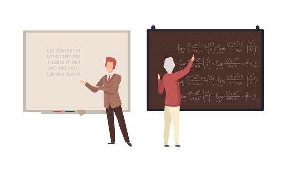 Man Teacher or University Professor Standing in Front of Chalkboard Explaining Lesson Set vector