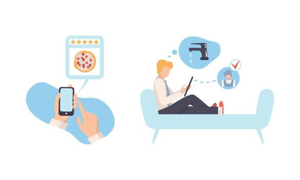Man Ordering Plumber Repair Service Using Mobile App on Tablet Set vector