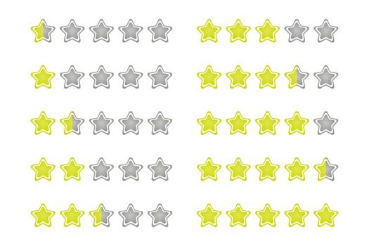 Set of 10 Fancy Yellow Gradient with White Border Rating Star icon for Game from 0,5 to 5 Stars vector
