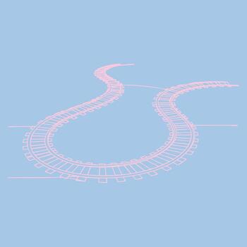 Futuristic pink and blue digital rendering of a winding railway track with glowing lines and abstract geometric shapes on a light blue vector