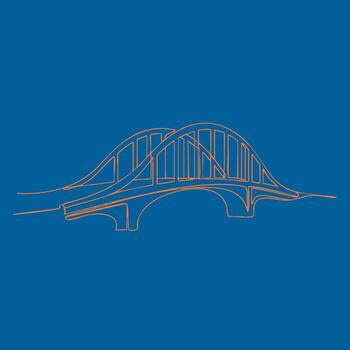 Minimalist line drawing of a modern suspension bridge with curved arches and supporting cables set against a solid vector