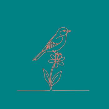 Minimalist Line Drawing of a Bird Perched on a Flower Stem with a Simple vector