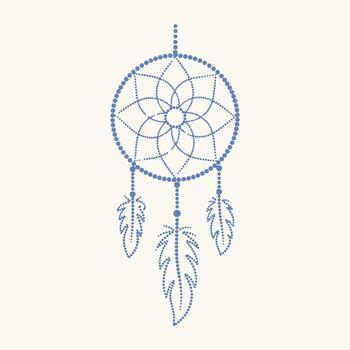 estilizado atrapasueños compuesto de pequeño azul puntos con intrincado web modelo y colgando plumas en un ligero vector