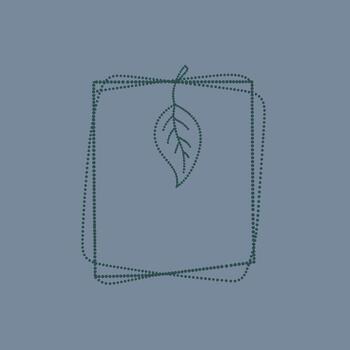 Minimalist line art of a rectangular frame with a leaf hanging from a string on a muted blue vector
