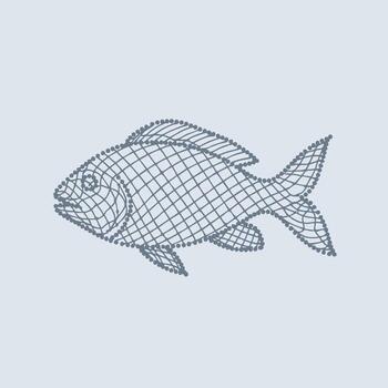Intricate wireframe representation of a fish with detailed fins, scales, and streamlined body design on a light vector