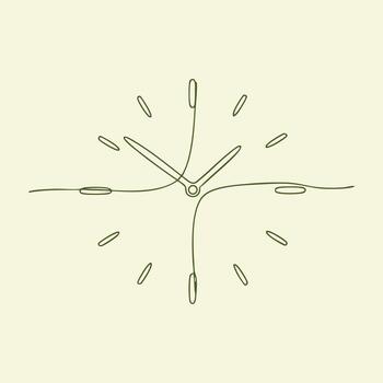 Minimalist line drawing of a modern analog clock with simple hour, minute, and second hands on a light vector